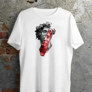 Oversize Heykel Baskı Pamuklu Siyah-beyaz-indigo Renk Unisex T-shirt