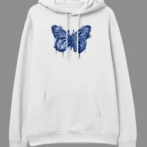 Oversize Mavi Boya Kelebek Temalı Tasarım Baskılı Unisex Kapüşonlu Sweatshirt Hoodie Beyaz