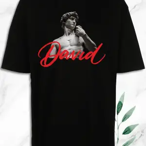 Oversize Mitoloji Davut Heykeli Baskılı Siyah Tişört