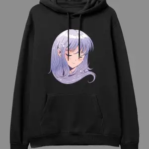 Oversize Mor Saçlı Lila Genç Kız Tasarım Baskılı Unisex Kapüşonlu Sweatshirt Hoodie Beyaz