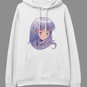 Oversize Mor Saçlı Lila Genç Kız Tasarım Baskılı Unisex Kapüşonlu Sweatshirt Hoodie Beyaz