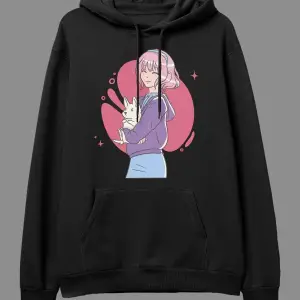 Oversize Pembe Saçlı Kız Ve Tavşan Tasarım Baskılı Unisex Kapüşonlu Sweatshirt Hoodie Beyaz
