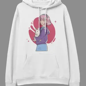 Oversize Pembe Saçlı Kız Ve Tavşan Tasarım Baskılı Unisex Kapüşonlu Sweatshirt Hoodie Beyaz