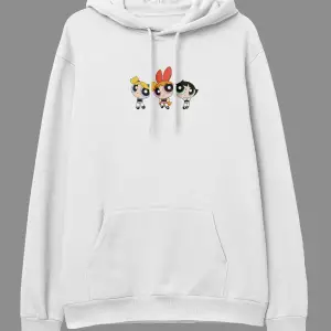 Oversize Powerpuff Girls Tasarım Baskılı Kapüşonlu Sweatshirt Hoodie Beyaz