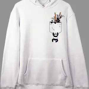Oversize Sevimli Panda Cep Tasarımlı Baskılı Kapüşonlu Sweatshirt Hoodie Beyaz