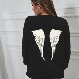 Oversıze Sıyah Angel Ön Ve Arka Baskılı 0 Yaka Kapşonsuz Pamuklu Sweatshirt Siyah