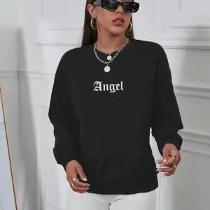 Oversıze Sıyah Angel Ön Ve Arka Baskılı 0 Yaka Kapşonsuz Pamuklu Sweatshirt Siyah