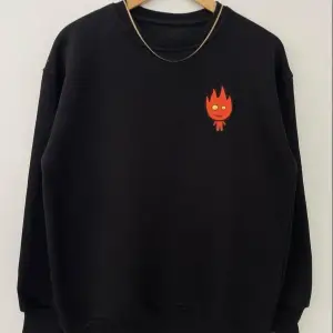 Oversıze Sıyah Ateş Su Baskılı 0 Yaka Kapşonsuz Pamuklu Sweatshirt Siyah