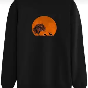 Oversıze Sıyah Savana Baskılı 0 Yaka Kapşonsuz Pamuklu Sweatshirt Siyah