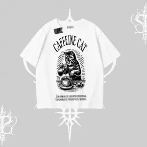 Oversize Tshirt Caffeine Cat Kahve Temalı Kedi Baskılı