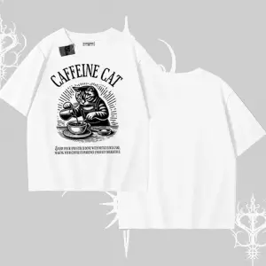 Oversize Tshirt Caffeine Cat Kahve Temalı Kedi Baskılı