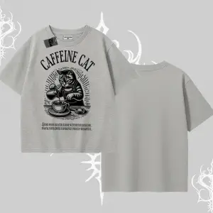 Oversize Tshirt Caffeine Cat Kahve Temalı Kedi Baskılı