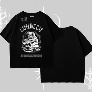 Oversize Tshirt Caffeine Cat Kahve Temalı Kedi Baskılı