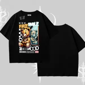 Oversize Tshirt Fake Smile Mood Ayıcık Grafik Baskılı