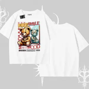 Oversize Tshirt Fake Smile Mood Ayıcık Grafik Baskılı