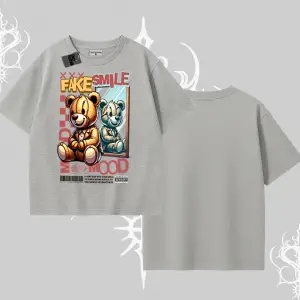 Oversize Tshirt Fake Smile Mood Ayıcık Grafik Baskılı
