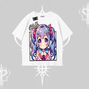 Oversize Tshirt Hello Anime Kız Sevimli Karakter Baskılı