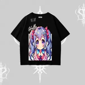 Oversize Tshirt Hello Anime Kız Sevimli Karakter Baskılı