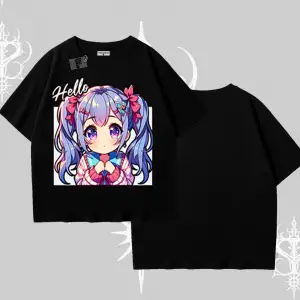 Oversize Tshirt Hello Anime Kız Sevimli Karakter Baskılı
