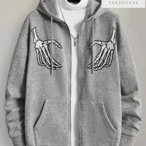 Oversize Unisex Gri İskelet Baskılı