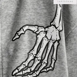 Oversize Unisex Gri İskelet Baskılı