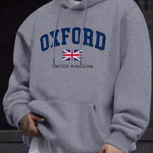Oxford Birleşik Krallık Mektup Ve Bayrak Baskılı Erkek Eşofman Sokak Stili Bol Kapüşonlu Spor