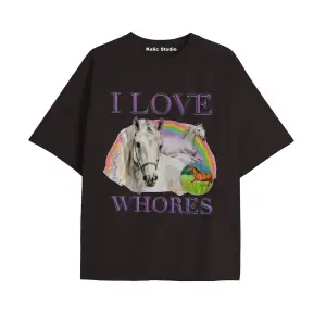 Özel Baskılı Oversize Pamuklu I Love Whores t-shirt beyaz
