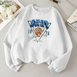 Özel Tasarım Bisiklet Yaka Disney Kahramanları Baskılı Süper Oversize Kadın Sweatsh Beyaz