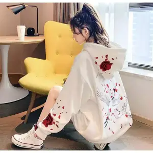 Özel Tasarım Kapüşonlu Fermuarlı Red Rose Baskılı Süper Oversize Kadın Ceket-sweats Beyaz