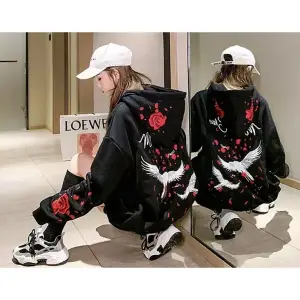 Özel Tasarım Kapüşonlu Fermuarlı Red Rose Baskılı Süper Oversize Kadın Ceket-sweats Beyaz