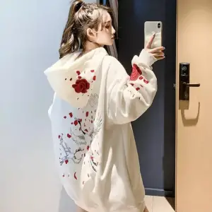 Özel Tasarım Kapüşonlu Fermuarlı Red Rose Baskılı Süper Oversize Kadın Ceket-sweats Beyaz