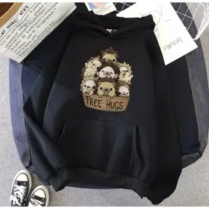 Özel Tasarım Kapüşonlu Free Hugs Sepette Kirpiler Baskılı Süper Oversize Kadın Swea Gri