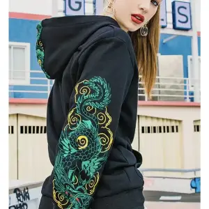 Özel Tasarım Kapüşonlu Japon Zümrüt Ejderha Baskılı Oversize Kadın Hoodie-sweatshır Siyah