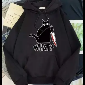 Özel Tasarım Kapüşonlu What ? Kedi Baskılı Tam Kışlık Süper Oversize Kadın Sweatshı Beyaz