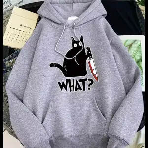 Özel Tasarım Kapüşonlu What ? Kedi Baskılı Tam Kışlık Süper Oversize Kadın Sweatshı Beyaz