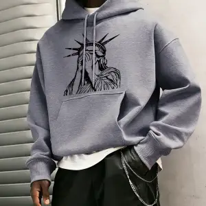 Özgürlük Heykeli Desenli S-2Xl Erkekler İçin Hip Hop Sonbahar Sweatshirtleri Cepli Polar Üstl