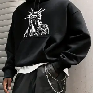 Özgürlük Heykeli Desenli S-2Xl Erkekler İçin Hip Hop Sonbahar Sweatshirtleri Cepli Polar Üstl