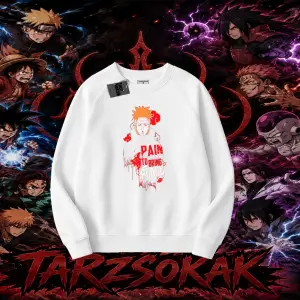 Pain nagato Naruto Anime Karakter Oversize Unisex Bisiklet Yaka Sweatshirt Beyaz