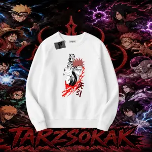 Pain nagato Naruto Anime Karakter Oversize Unisex Bisiklet Yaka Sweatshirt Beyaz