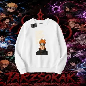 Pain nagato Naruto Anime Karakter Oversize Unisex Bisiklet Yaka Sweatshirt Beyaz