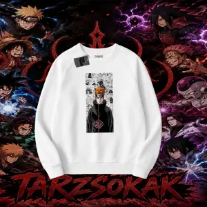 Pain nagato Naruto Anime Karakter Oversize Unisex Bisiklet Yaka Sweatshirt Beyaz