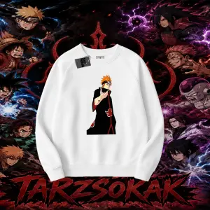 Pain nagato Naruto Anime Karakter Oversize Unisex Bisiklet Yaka Sweatshirt Beyaz