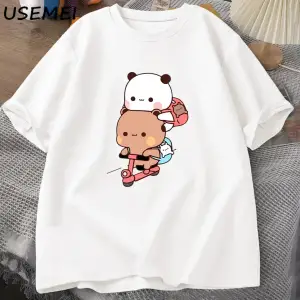 Panda ve Brownie ayı çift bisiklet sürme t-shirt boy komik karikatür T Shirt erkekler pamuk O 3040