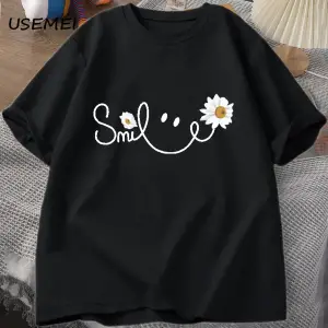 Papatya gülümseme yüz T Shirt yaz çiçek baskılı tişört kadın erkek pamuk kısa kollu Tshirt bo 3051