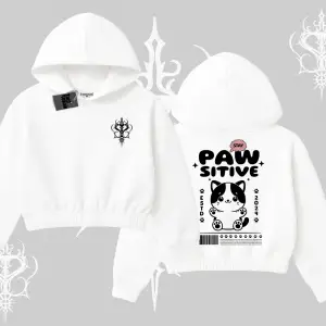 Paw Sitive Kedi Arka Baskılı Kapşonlu Crop Sweatshirt