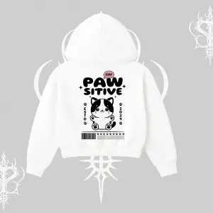 Paw Sitive Kedi Arka Baskılı Kapşonlu Crop Sweatshirt