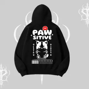 Paw Sitive Kedi Arka Baskılı Kapşonlu Sweatshirt