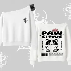 Paw Sitive Kedi Arka Baskılı Kayık Yaka Sweatshirt