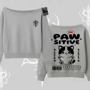 Paw Sitive Kedi Arka Baskılı Kayık Yaka Sweatshirt