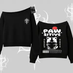 Paw Sitive Kedi Arka Baskılı Kayık Yaka Sweatshirt
